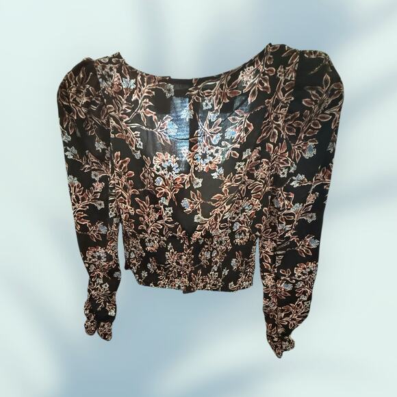 Free People Brown Leaf & Floral Pattern Smocked Waist Bank Blouse  XS - Picture 2 of 12